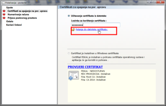 Certifikati - unos lozinke i odabir datoteke certifikata