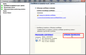 Certifikati - unos lozinke i odabir datoteke certifikata