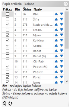 Popis artikala - prikaz kolona na ispisu