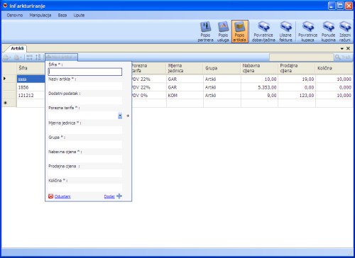 inFarkturiranje - izrada i manipulacija ponuda i faktura (računa) - Popis artikala - okvir za brzi unos