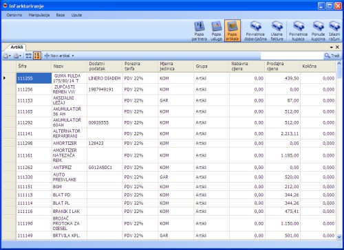 inFarkturiranje - izrada i manipulacija ponuda i faktura (računa) - Popis artikala