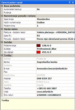 Osnovni podatci i opcije