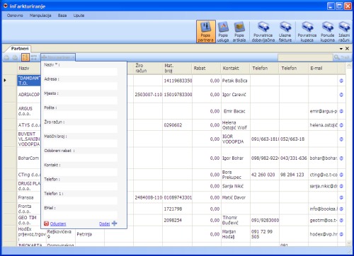 inFarkturiranje - izrada i manipulacija ponuda i faktura (računa) - Popis partnera - okvir za brzi unos