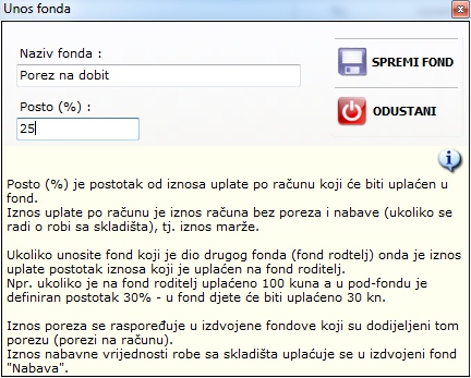 Prozor za unos novog fonda