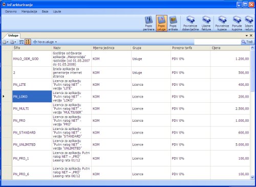 inFarkturiranje - izrada i manipulacija ponuda i faktura (računa) - Popis usluga