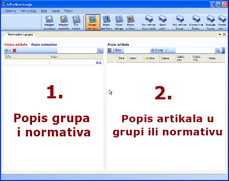 Popis normativa - prozor za manipulaciju  i unos normativa u programu za fakturiranje