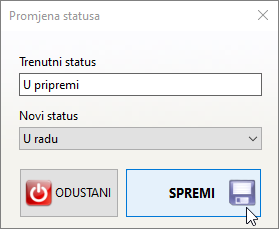 Prozor za promjenu statusa radnog naloga