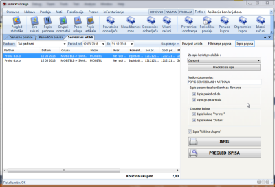 Postavke ispisa popisa servisiranih artikala