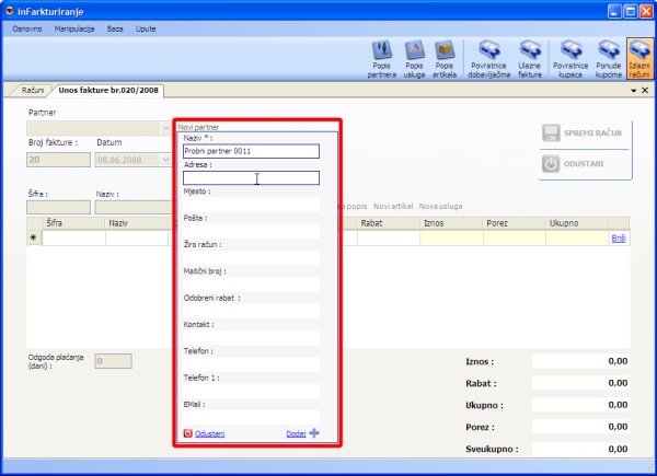 Unos novog partnera - unos partnera kod izrade računa ili ponude