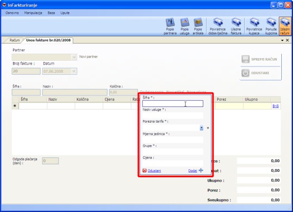 Unos nove usluge - unos usluge kod izrade računa ili ponude