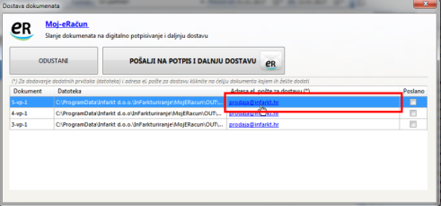 Slanje na servis Moj e-Račun - prozor za dostavu