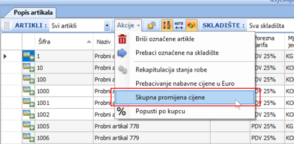 Popis artikala - skupna promjena cijene
